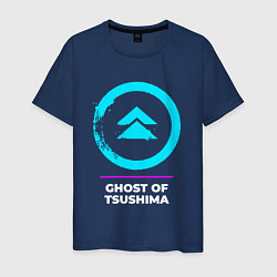 Футболка хлопковая мужская Символ Ghost of Tsushima в неоновых цветах, цвет: тёмно-синий