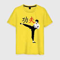 Футболка хлопковая мужская Кунг-фу Брюс Ли в стойке, цвет: желтый