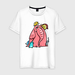 Футболка хлопковая мужская Розовая слоника со слонятами, цвет: белый