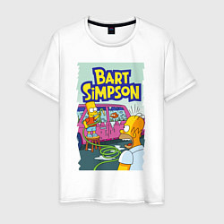 Футболка хлопковая мужская Барт Симпсон устроил из автомобиля аквариум, цвет: белый