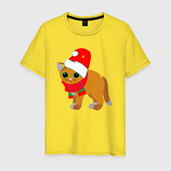 Футболка хлопковая мужская Оранжевый котик в праздничных шапке и шарфике, цвет: желтый