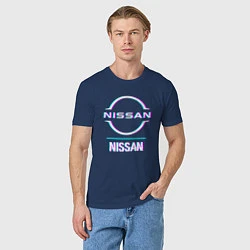 Футболка хлопковая мужская Значок Nissan в стиле glitch, цвет: тёмно-синий — фото 2