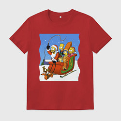 Футболка хлопковая мужская Новогодняя семейка Симпсонов в санях запряженных с, цвет: красный