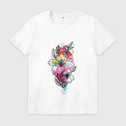 Футболка хлопковая мужская Beautiful flowers of different colors, цвет: белый