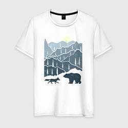 Футболка хлопковая мужская Лиса и медведь в горах, цвет: белый