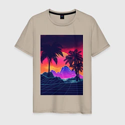 Футболка хлопковая мужская Синтвейв пляж и пальмы, цвет: миндальный