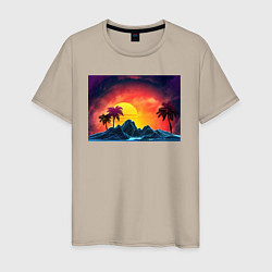 Футболка хлопковая мужская Пляж и пальмы абстрактный ретро дизайн, цвет: миндальный