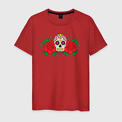 Футболка хлопковая мужская Мексиканский череп и розы, цвет: красный