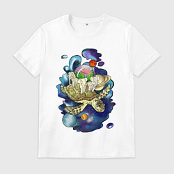 Футболка хлопковая мужская Плоская земля - мир на черепахе, цвет: белый