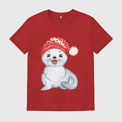 Футболка хлопковая мужская Новогодний тюлень, цвет: красный