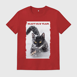 Футболка хлопковая мужская Котёнок пробирается сквозь глубокий снег, цвет: красный