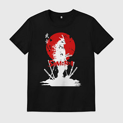 Футболка хлопковая мужская Белый самурай, катаны и красное солнце, цвет: черный