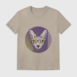 Футболка хлопковая мужская Кошка сфинкс в татуировках, цвет: миндальный