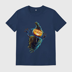 Футболка хлопковая мужская Хэллоуинская летающая тыква, цвет: тёмно-синий