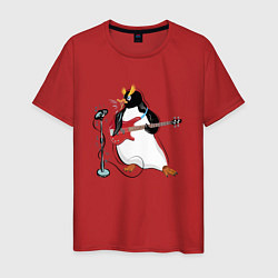 Футболка хлопковая мужская Пингвин- басист, цвет: красный
