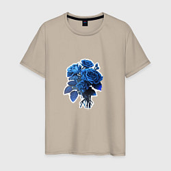Футболка хлопковая мужская Букет и синие розы, цвет: миндальный
