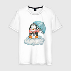 Футболка хлопковая мужская Пингвин на облаке с зонтом, цвет: белый