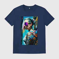 Футболка хлопковая мужская Brave girl - cyberpunk - neural network, цвет: тёмно-синий