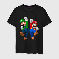 Футболка хлопковая мужская Луиджи и Марио в прыжке, цвет: черный