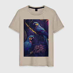 Футболка хлопковая мужская Разноцветные попугаи, цвет: миндальный