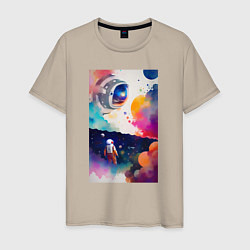 Футболка хлопковая мужская Абстрактный космонавт и разноцветные брызги краски, цвет: миндальный