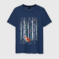 Футболка хлопковая мужская Рыжая лиса в березовом лесу, цвет: тёмно-синий