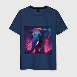 Футболка хлопковая мужская Слон в неоновом городе, цвет: тёмно-синий