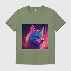 Футболка хлопковая мужская Волк в неоновом свете, цвет: авокадо