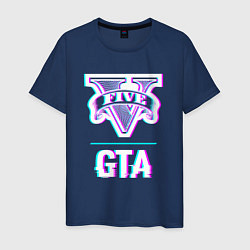Футболка хлопковая мужская GTA в стиле glitch и баги графики, цвет: тёмно-синий