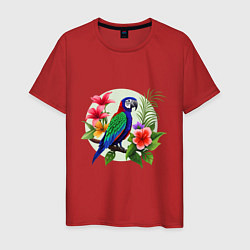 Футболка хлопковая мужская Попугай среди цветов, цвет: красный