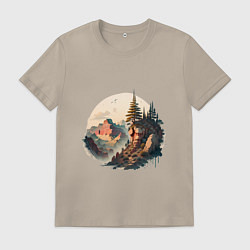 Футболка хлопковая мужская Горы в стиле моротай, цвет: миндальный