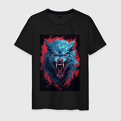 Футболка хлопковая мужская Синий волк красные брызги, цвет: черный