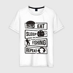 Футболка хлопковая мужская Eat sleep fishing repeat, цвет: белый