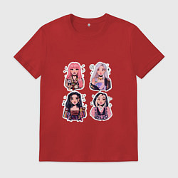 Футболка хлопковая мужская Участницы Блэк Пинк в виде стикеров, цвет: красный