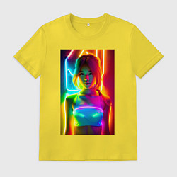 Футболка хлопковая мужская Japanese girl - neon glow - neural network, цвет: желтый