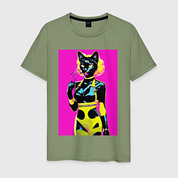 Футболка хлопковая мужская Black cat - fashionista - pop art - neural network, цвет: авокадо