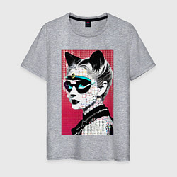 Футболка хлопковая мужская Cat girl in a mask - neural network - pop art, цвет: меланж