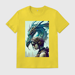 Футболка хлопковая мужская Девчонка в шлеме и дракон - киберпанк, цвет: желтый