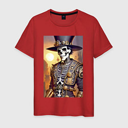 Футболка хлопковая мужская Модный скелет в шляпе - стимпанк - нейросеть, цвет: красный