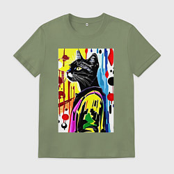 Футболка хлопковая мужская Модный чёрный кот - поп-арт, цвет: авокадо