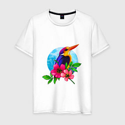 Футболка хлопковая мужская Тропическая птица в цветах, цвет: белый