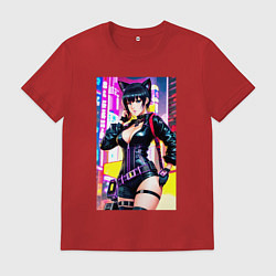 Футболка хлопковая мужская Cool cat girl - anime - cyberpunk, цвет: красный