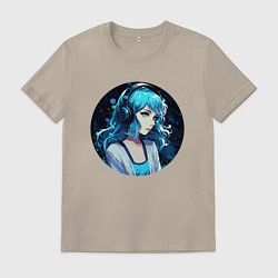 Футболка хлопковая мужская Аниме девушка в наушниках, цвет: миндальный
