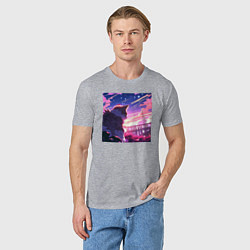 Футболка хлопковая мужская Аниме пейзаж с котом, цвет: меланж — фото 2