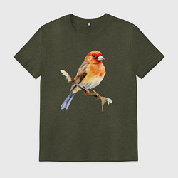 Футболка хлопковая мужская Оранжевая птица на ветке, цвет: меланж-хаки