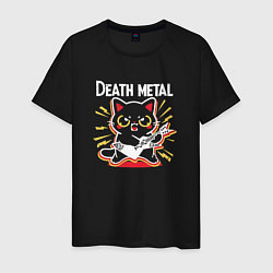 Футболка хлопковая мужская Death metal - котик с гитарой, цвет: черный
