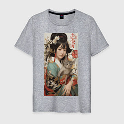 Футболка хлопковая мужская Японская девочка в кимоно с котенком, цвет: меланж