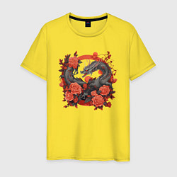 Футболка хлопковая мужская Дракон в розах, цвет: желтый