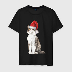 Футболка хлопковая мужская Пятнистый кот в новогодней шапочке, цвет: черный