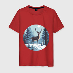 Футболка хлопковая мужская Зимняя сказка олень в лесу, цвет: красный